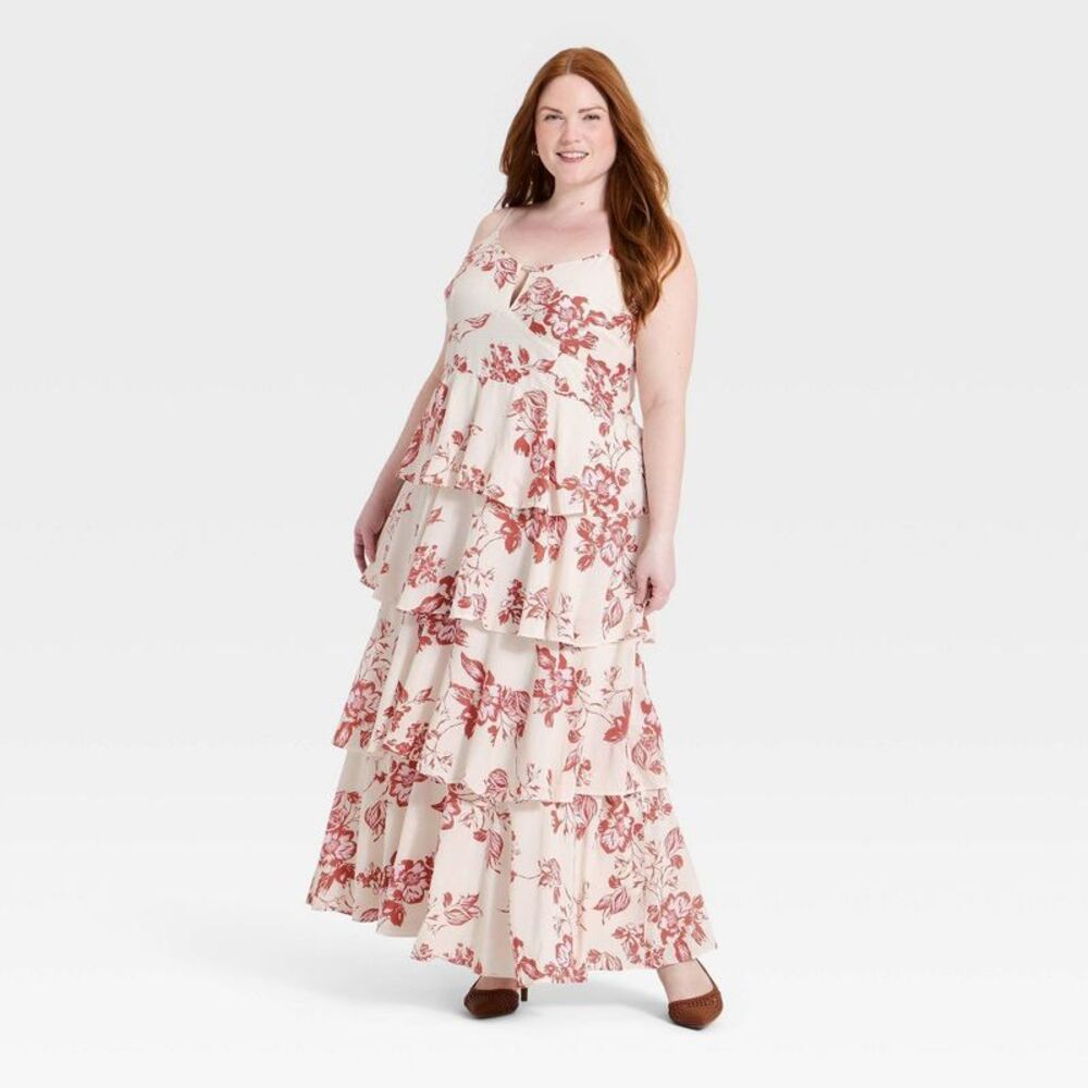 A New Day - Women's V-Neck Tiered Ruffle Maxi Dress - A New Da Cream/Brown - Picture 3 of 3